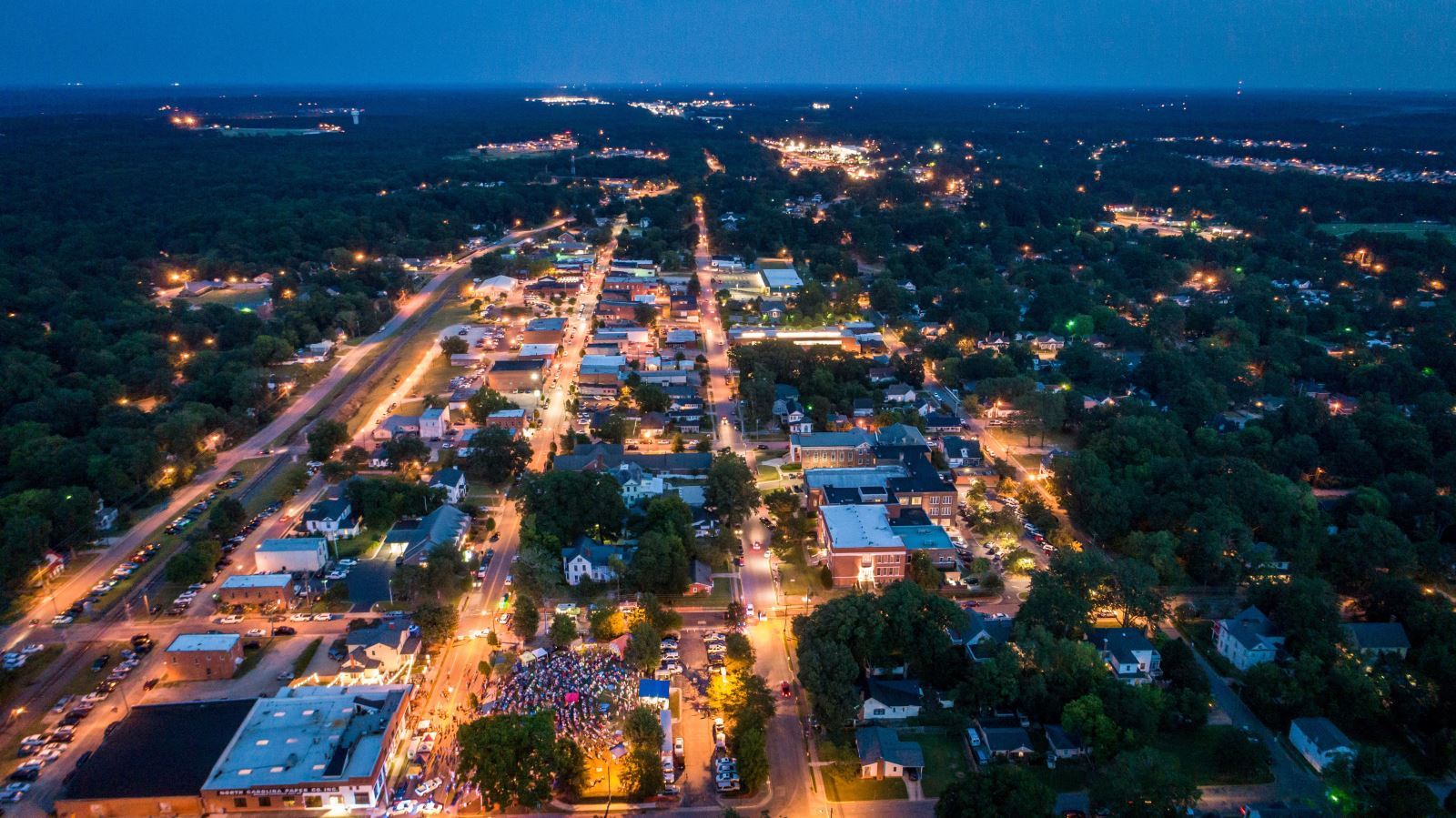 An aerial view of Clayton, NC at night with lights