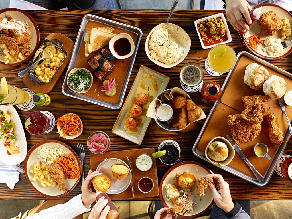 A table covered in food