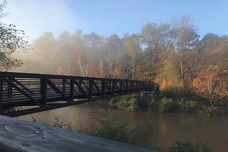 A bridge with fall foliage in the background