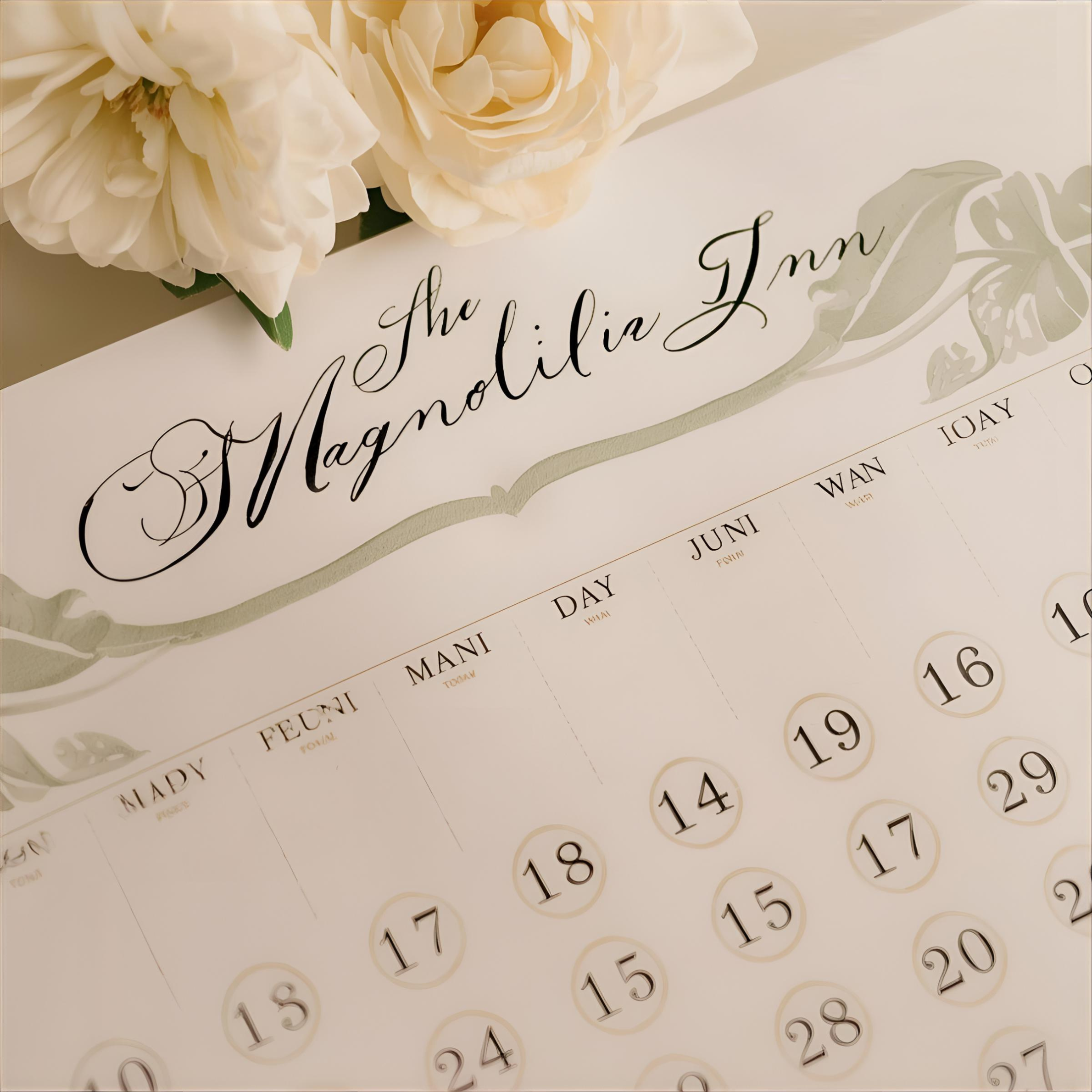 Elegant calendar titled "The Magnolia Inn" in cursive. Soft, white magnolia flowers adorn the top, conveying a serene and sophisticated tone.