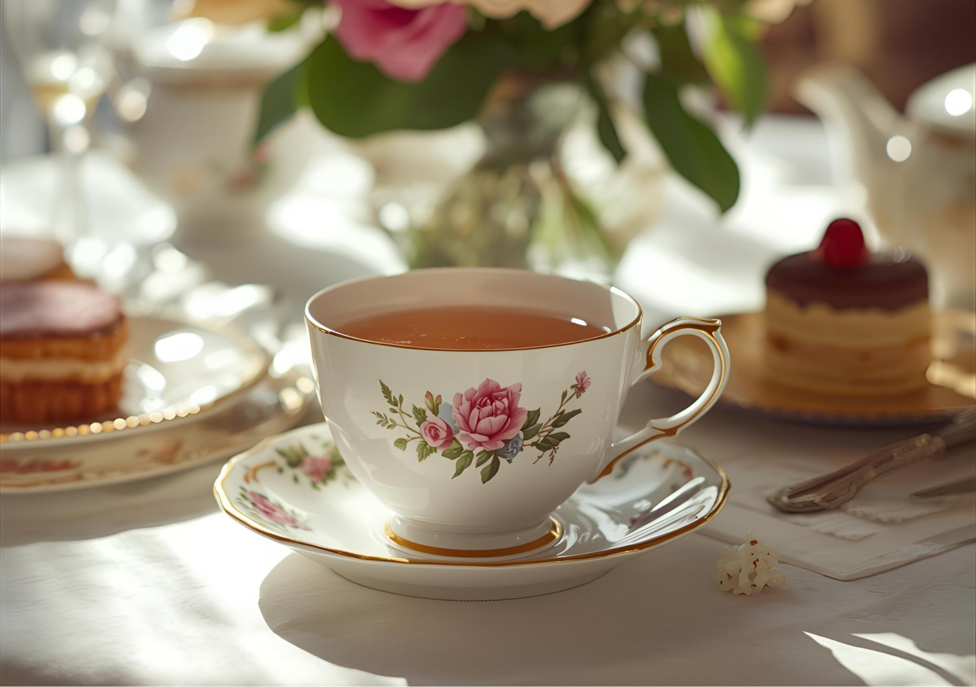 Elegant tea setting with a floral china cup full of tea on a saucer. Nearby are pastries and a rose bouquet, creating a warm, inviting atmosphere.