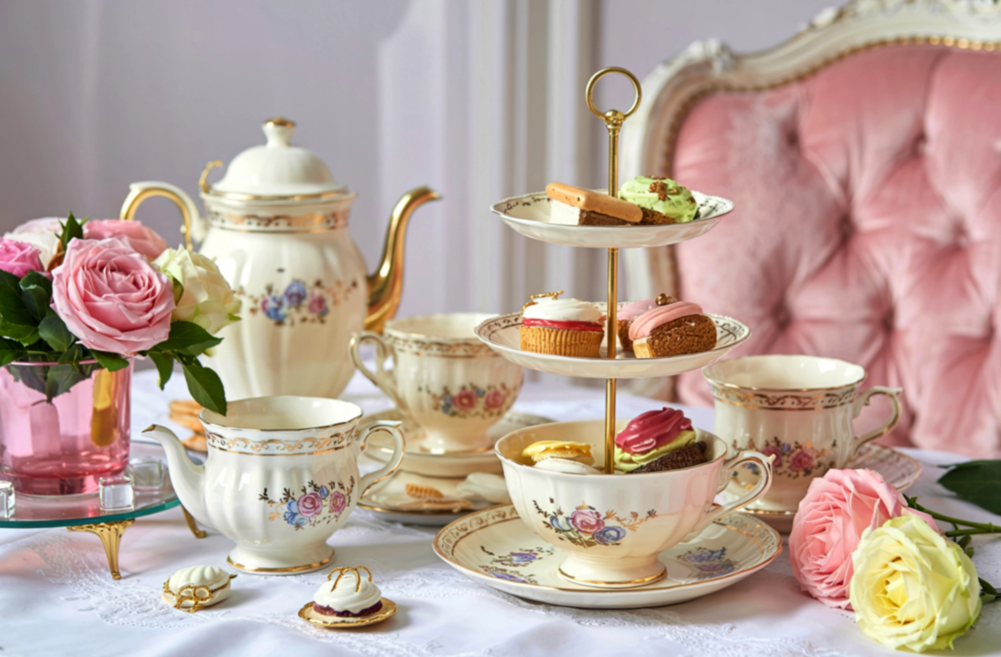 Elegant afternoon tea setting with floral china, tiered tray of pastries, and pink roses. Plush pink chair adds a touch of vintage charm.