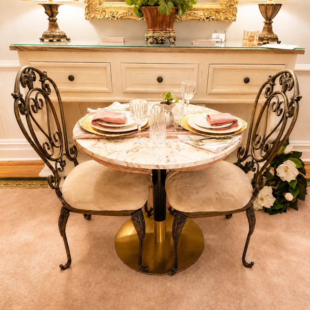A cozy dining setup with a round marble table, elegant iron chairs, crystal glasses, and soft pink napkins, exuding a warm and inviting atmosphere.