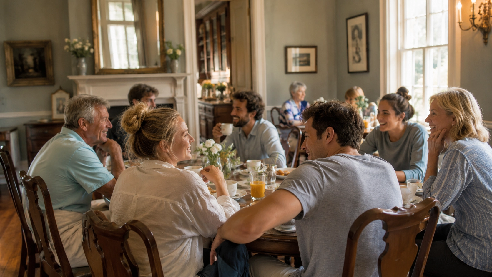 A group of people sitting around a dining table enjoying a meal, smiling and engaging in conversation. The room is warmly lit, creating a cozy atmosphere.