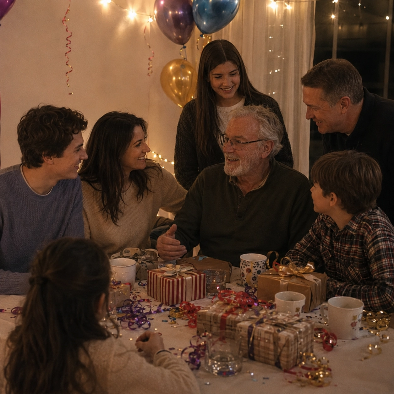 A joyful family dinner with candles and fairy lights. A woman presents a cake to an elderly man while others smile around the festive table.