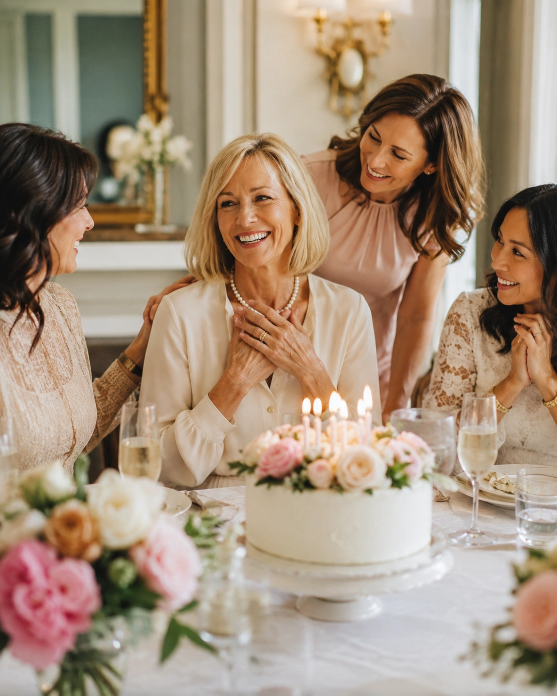 Elegant table set with fruit-topped cake, assorted pastries, salads, and drinks. The decor is ornate, creating a festive and inviting atmosphere.