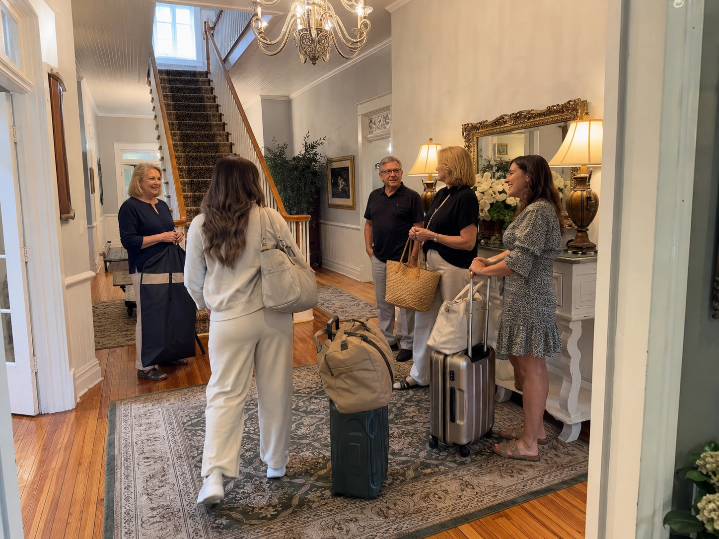 A group of five people converse in a well-lit, elegant hallway adorned with a chandelier and staircase. They have luggage, suggesting they're guests arriving or departing. The atmosphere is warm and welcoming.