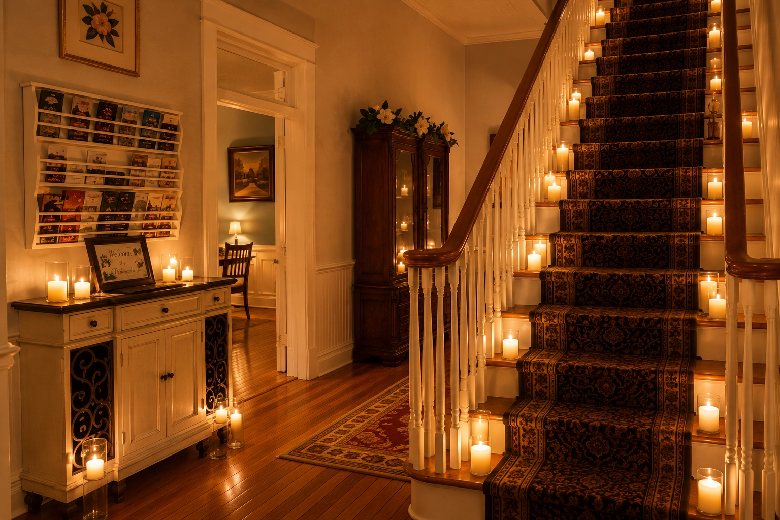 Cozy living room with dim lighting, a woman playing guitar, and people gathered, chatting and smiling. The setting is warm, with flowers and candles.