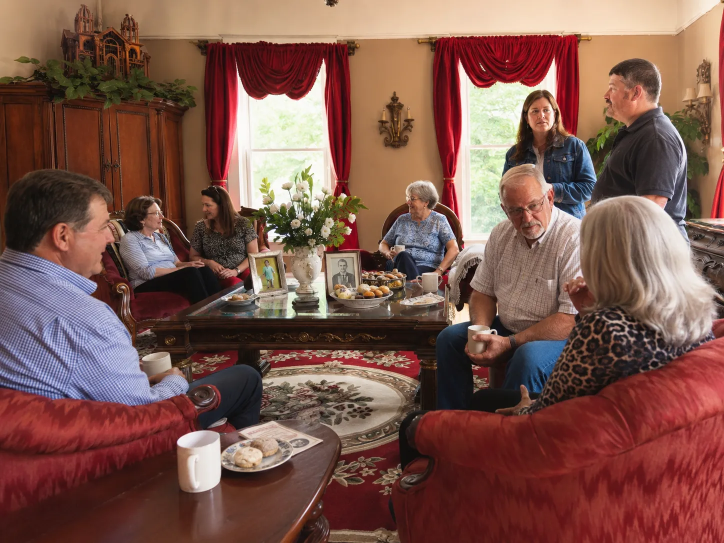 Family and friends sharing coffee and memories during a celebration of life in a Victorian parlor.