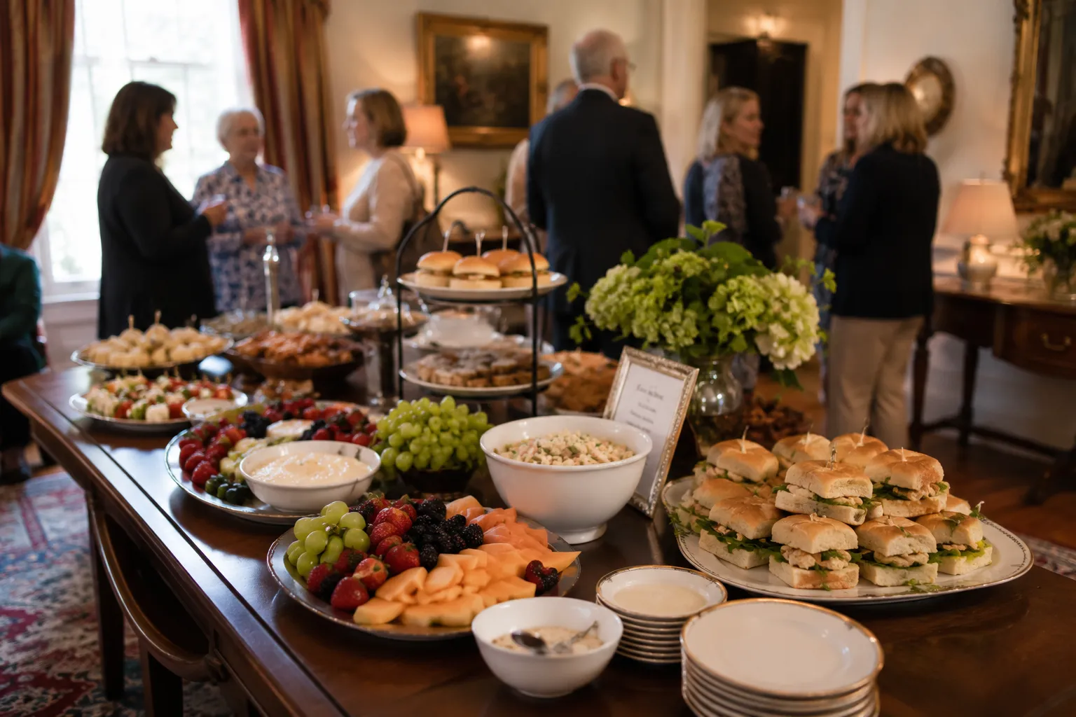 Buffet of sandwiches, fruit, and appetizers with guests mingling in a historic parlor.