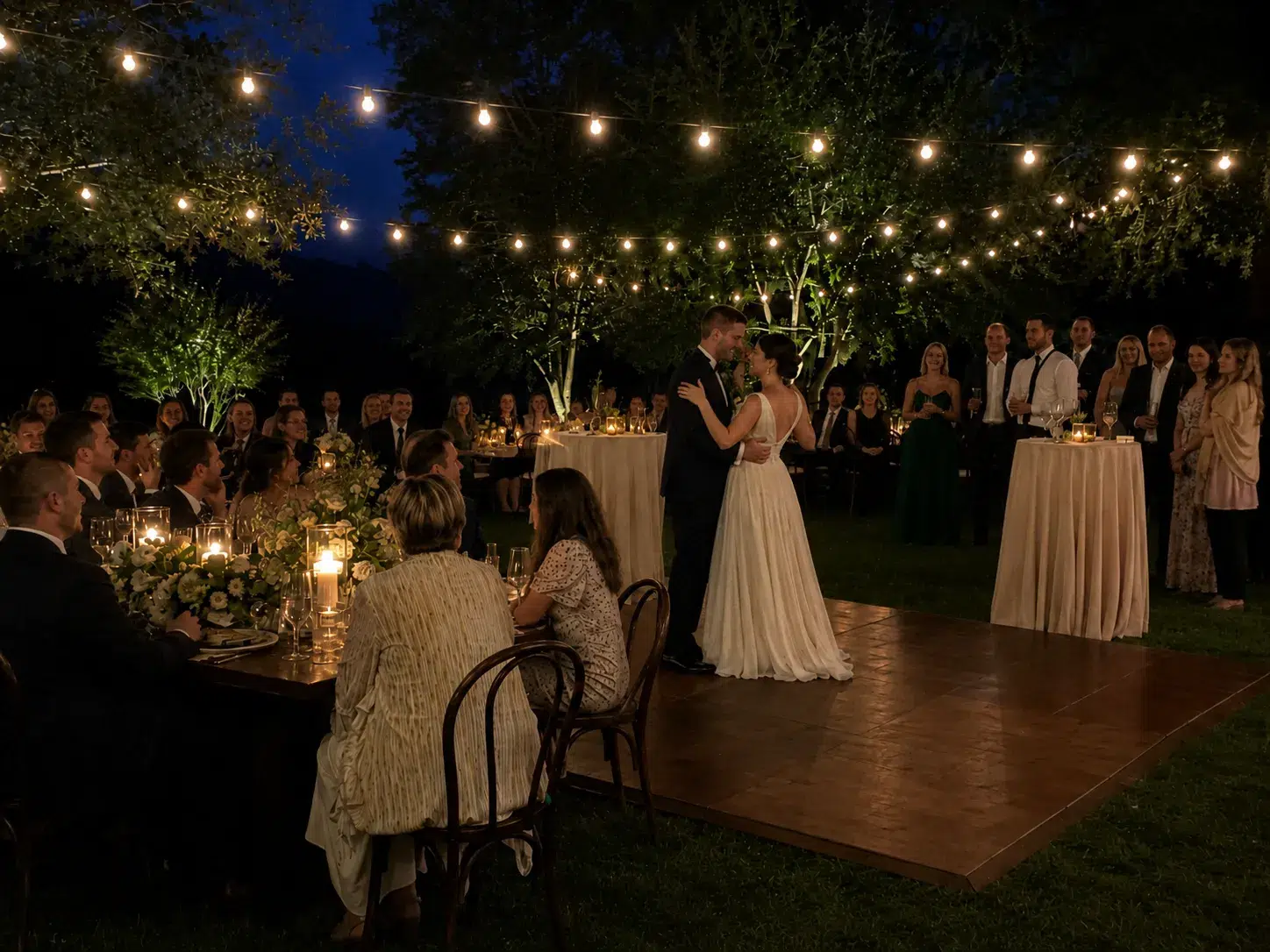 A couple dances romantically under string lights at an outdoor evening wedding reception. Guests seated and standing, watch with joyful expressions.