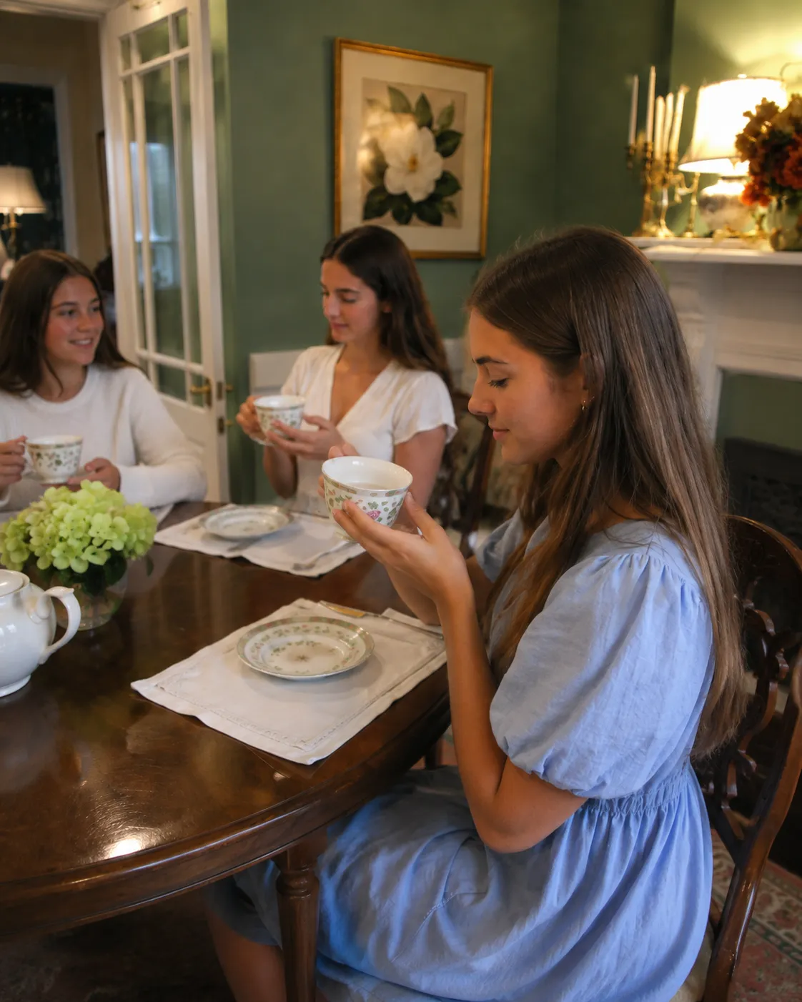 Three girls practicing tea etiquette with floral teacups in a historic dining room.