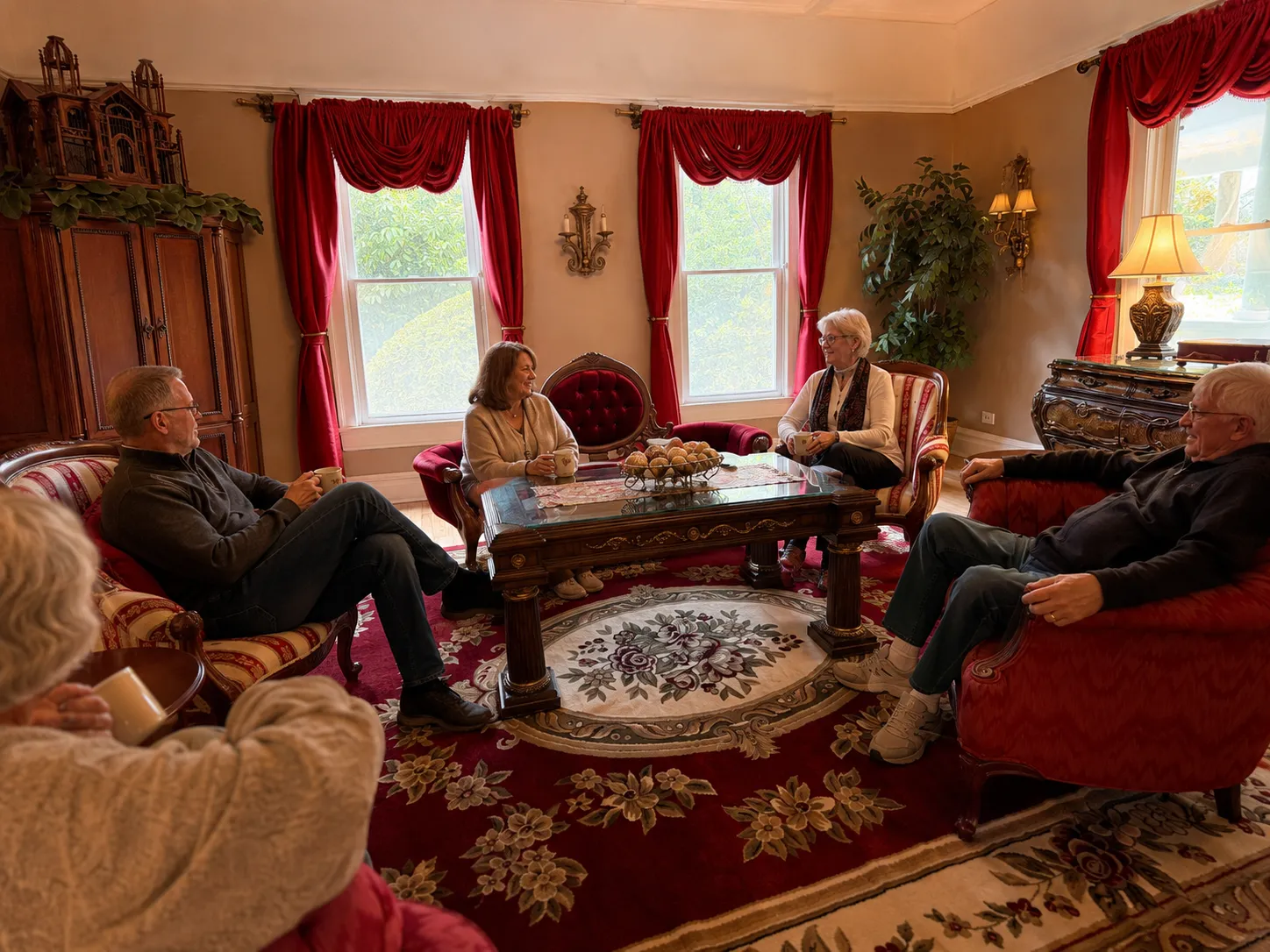 Guests sharing coffee and conversation in a sunlit Victorian parlor with red drapes.