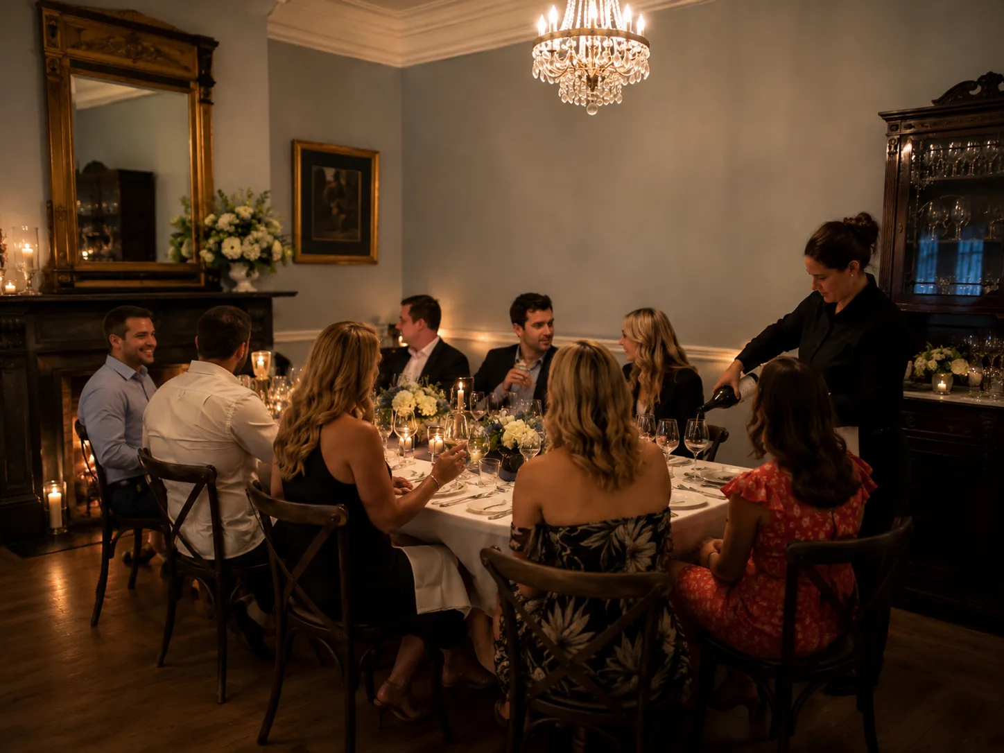 Server pouring wine for guests at an intimate candlelit dinner in a historic dining room.