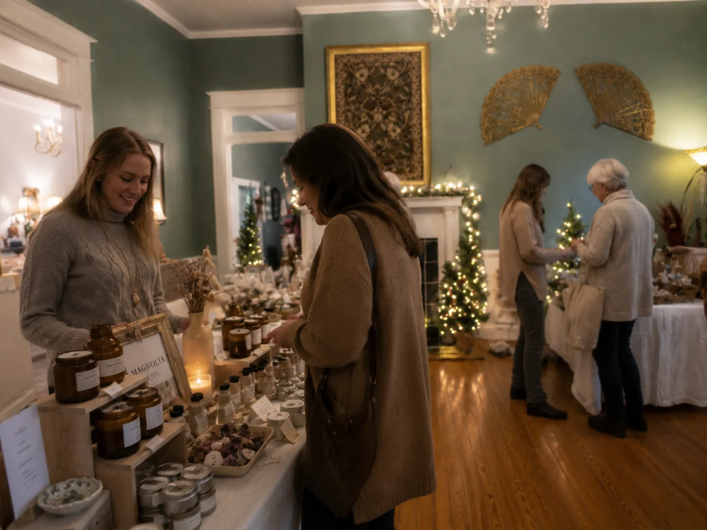 Guests browsing candles and handmade goods at a holiday makers market inside The Magnolia Inn.