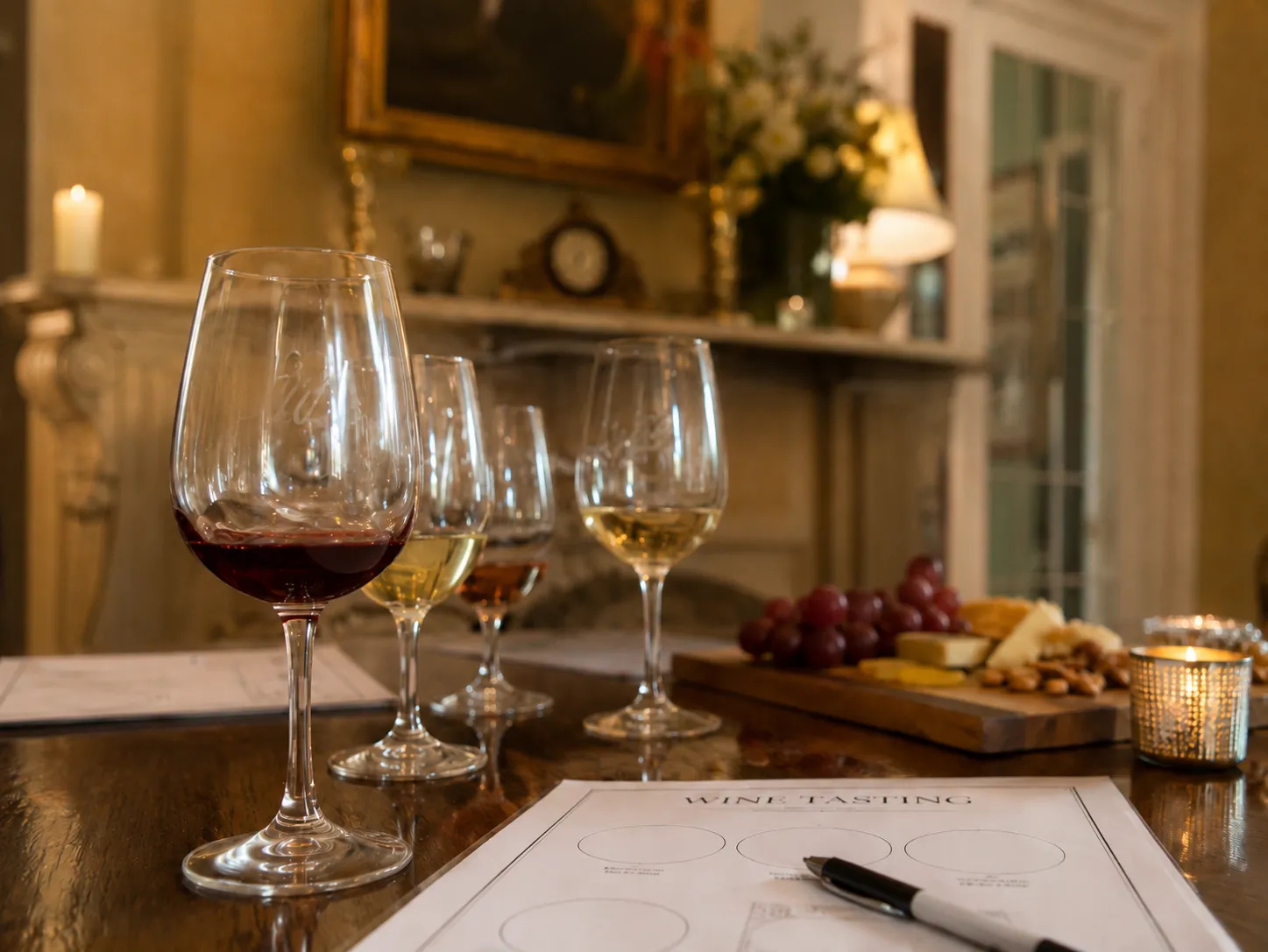 Wine tasting setup with red and white wines, tasting notes, and a cheese board.