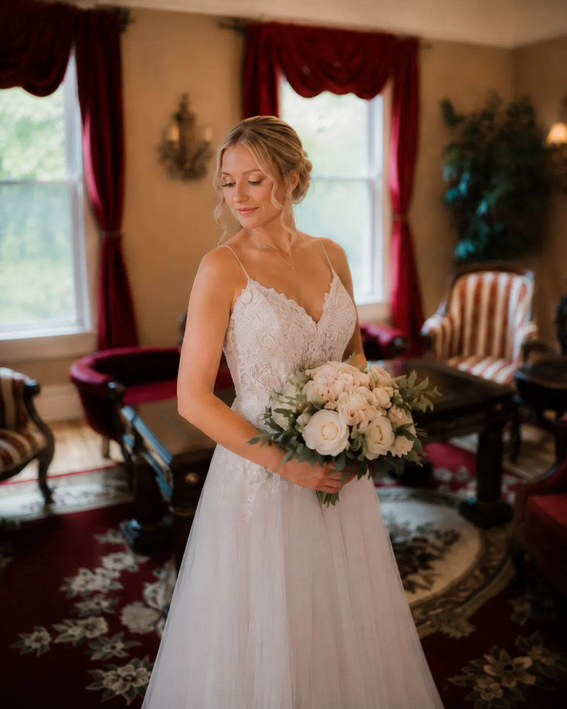 Bride holding a white rose bouquet in a Victorian parlor with red drapes.