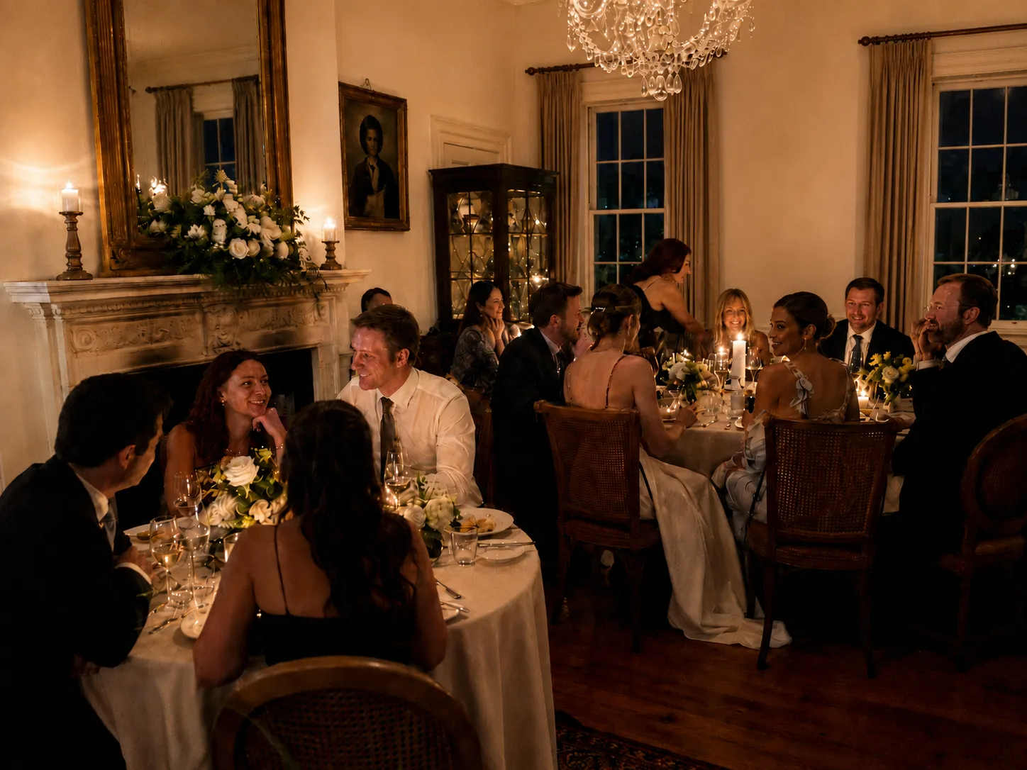 Elegant dinner party in a warmly lit room, guests in formal attire sit at round tables with flowers and candles, creating a cozy, celebratory atmosphere.