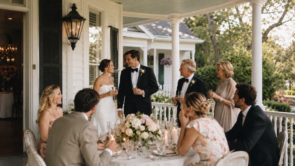 A bride and groom, in elegant attire, toast with six guests on a sunlit porch, surrounded by flowers. The scene exudes joy and celebration.