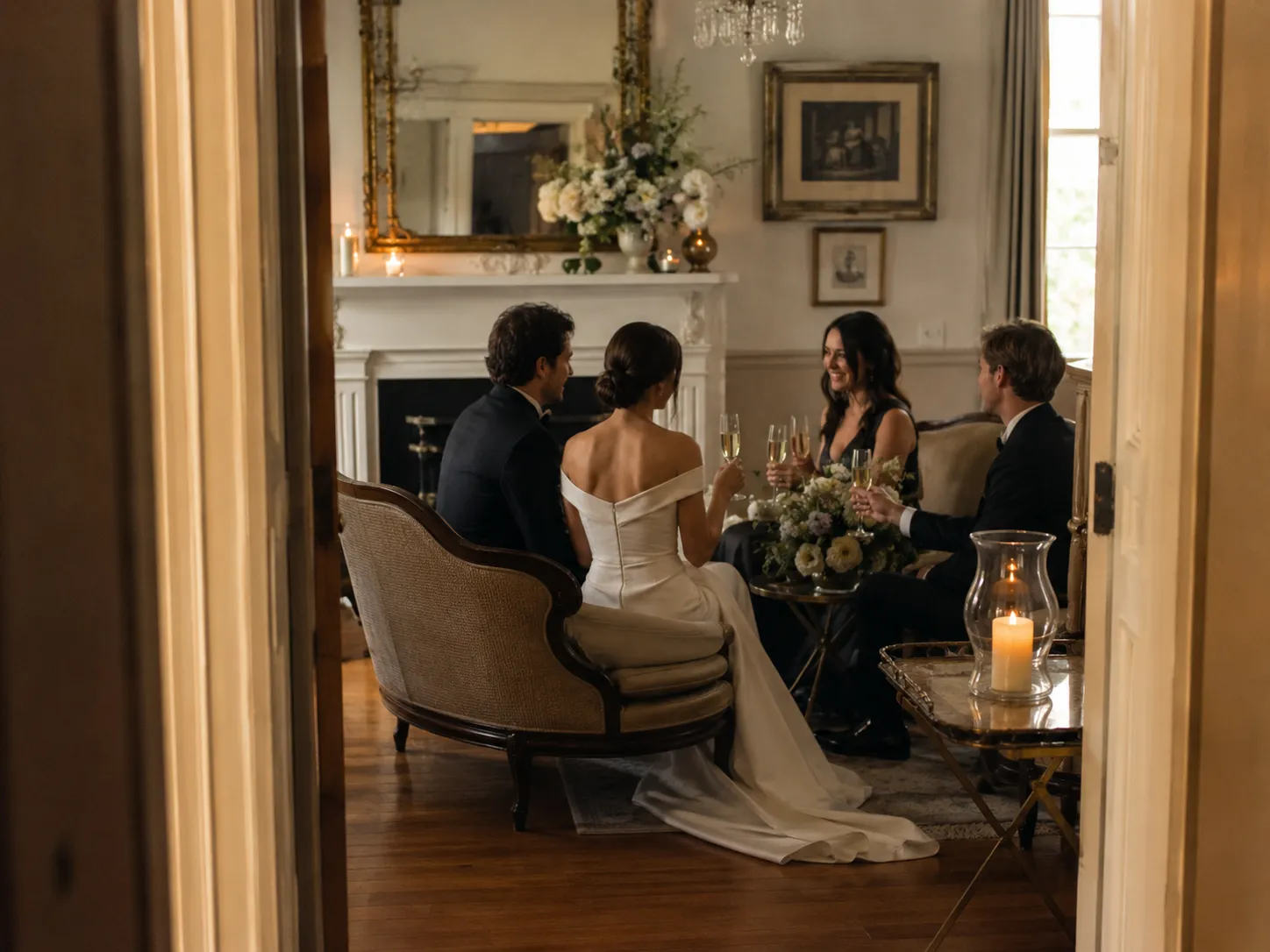Outdoor evening garden party with guests mingling near a lit porch and gazebo. Tables adorned with flowers and candles create an elegant, festive atmosphere.