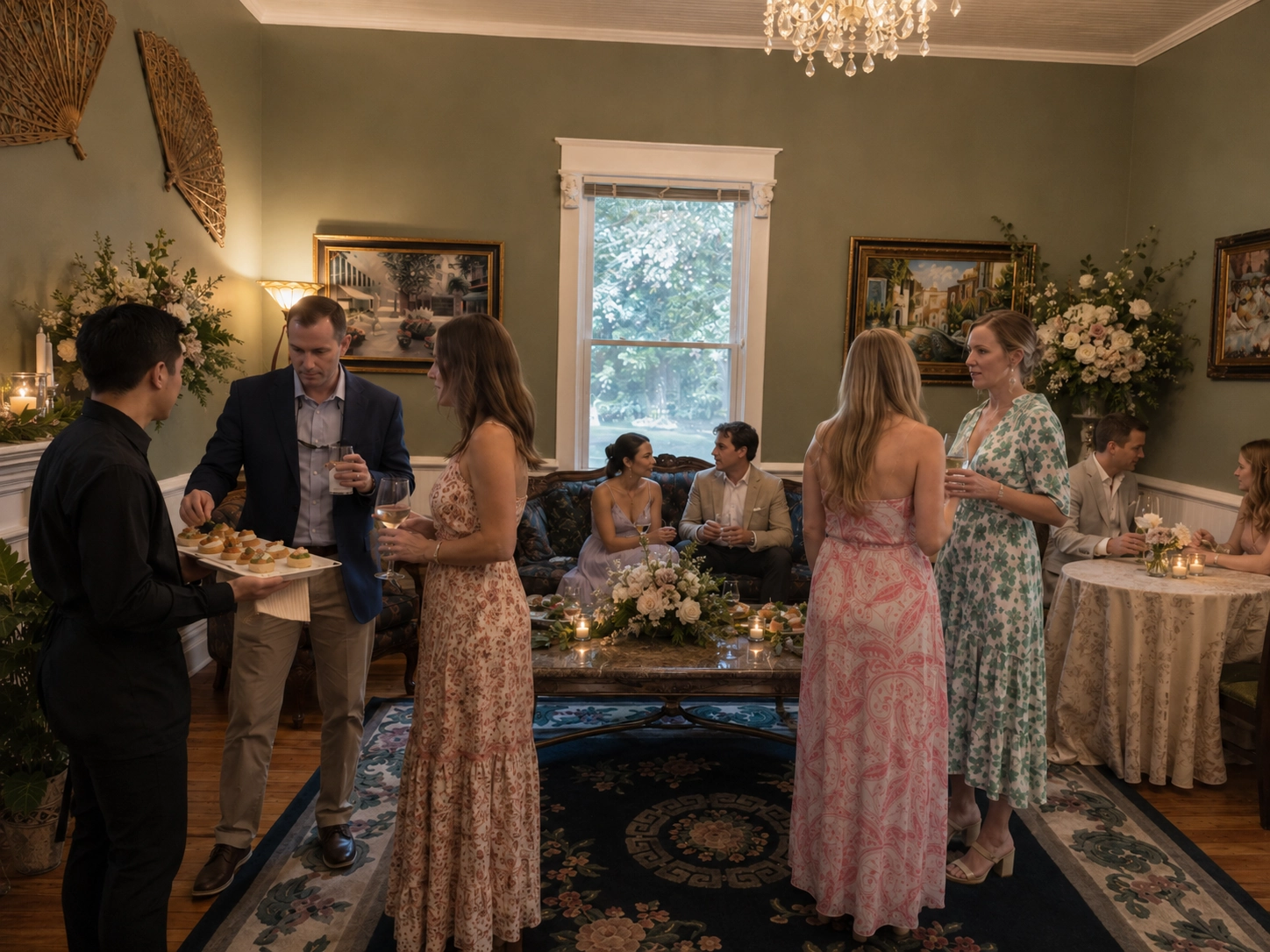Elegant living room gathering with well-dressed guests conversing. A server offers hors d'oeuvres. Floral decor and a chandelier add sophistication.