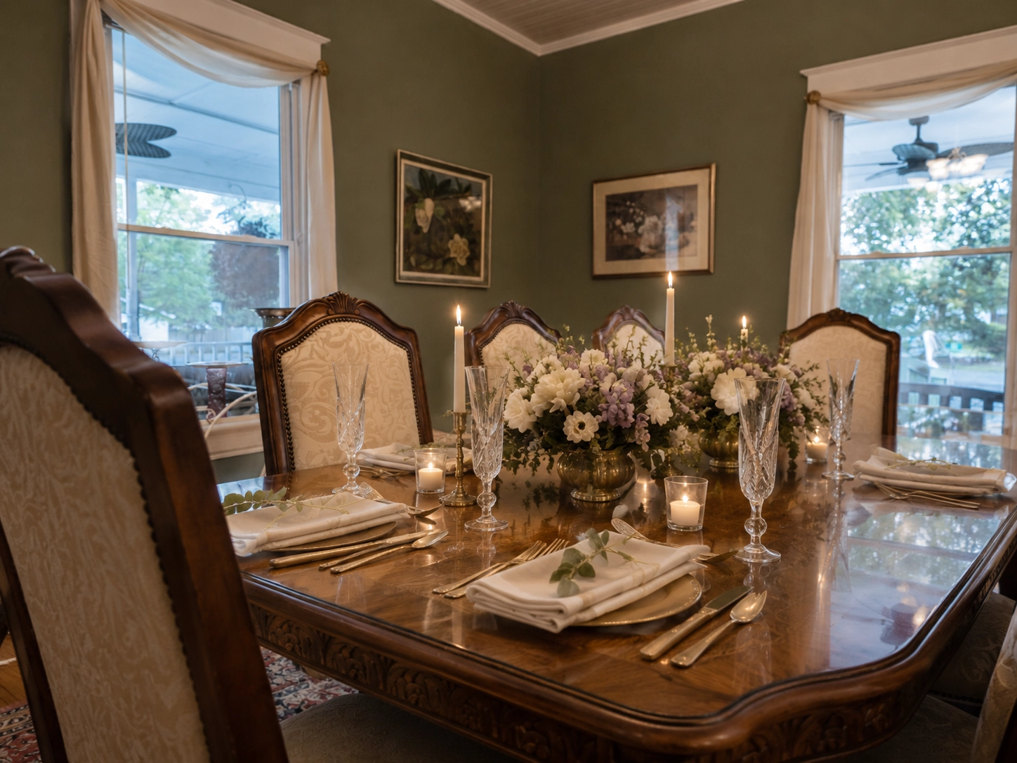 Elegant dining room table set with crystal glasses, white napkins, and a floral centerpiece. Soft candlelight adds a warm, inviting ambiance.