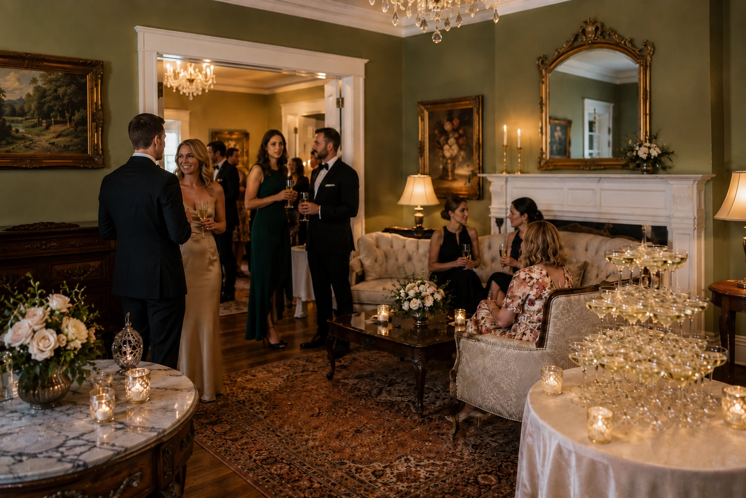 Elegant gathering in a richly decorated room with people in evening attire, champagne tower, chandeliers, and warm lighting, evoking a luxurious ambiance.