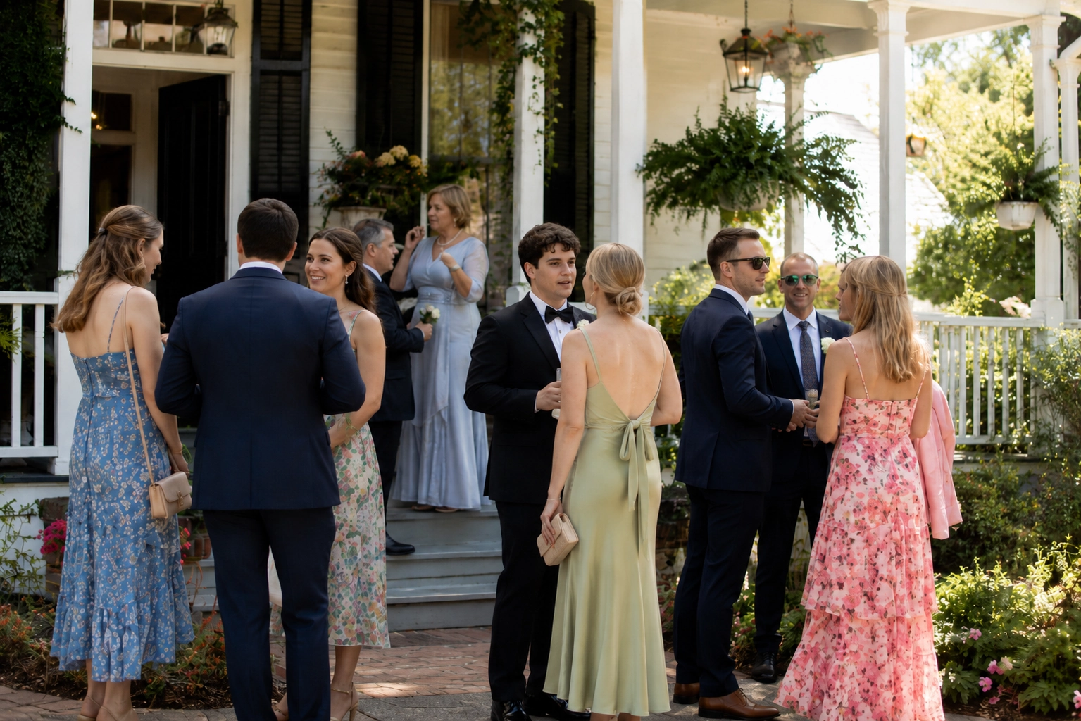 A group of people in formal attire are gathered on a porch, engaged in conversation. The setting is elegant, with greenery and warm sunlight, creating a joyful and celebratory atmosphere.