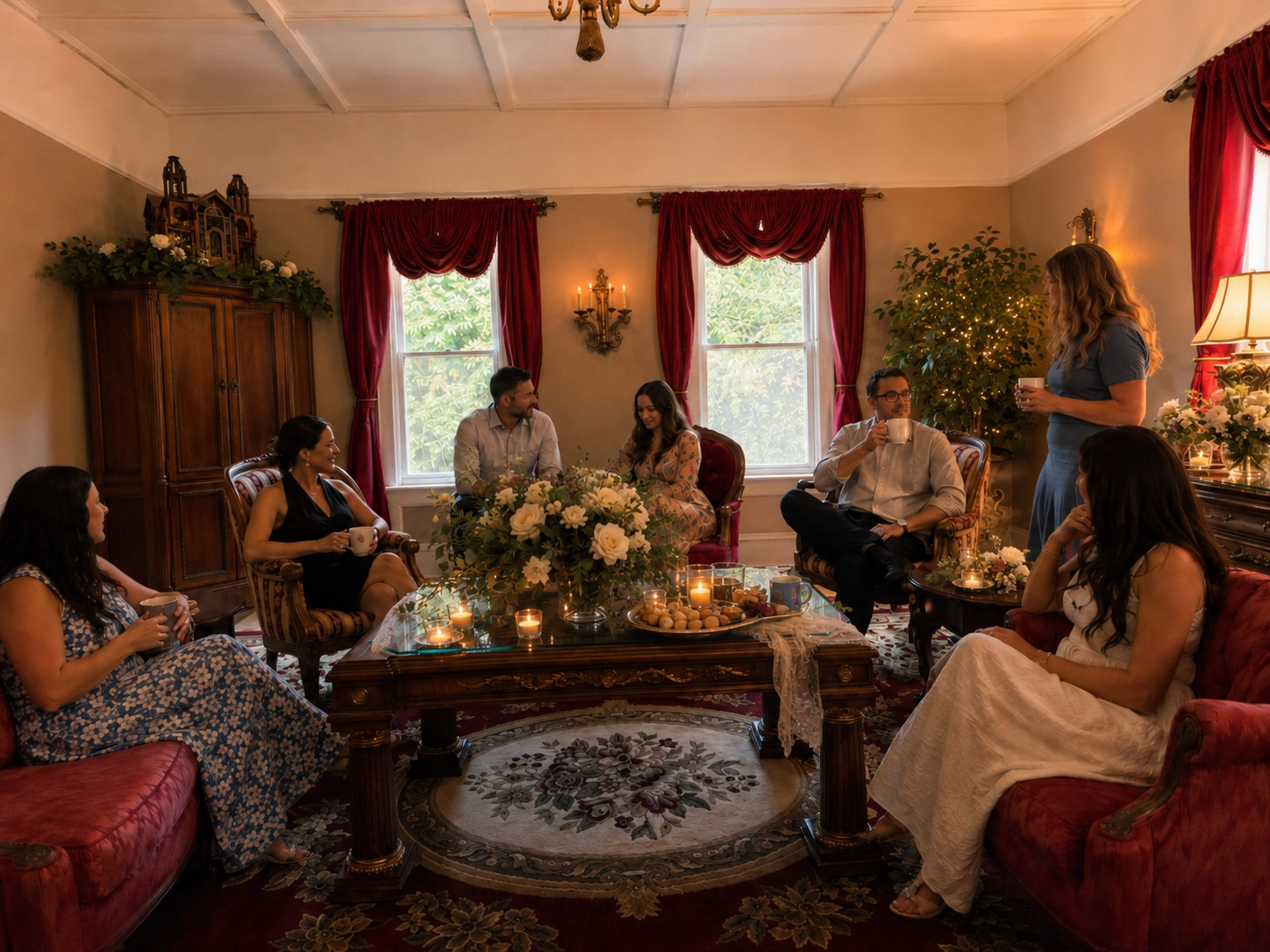 A warm, vintage living room with seven people seated on ornate furniture, chatting and holding cups. The space is decorated with flowers, candles, and red curtains, creating a cozy, elegant atmosphere.