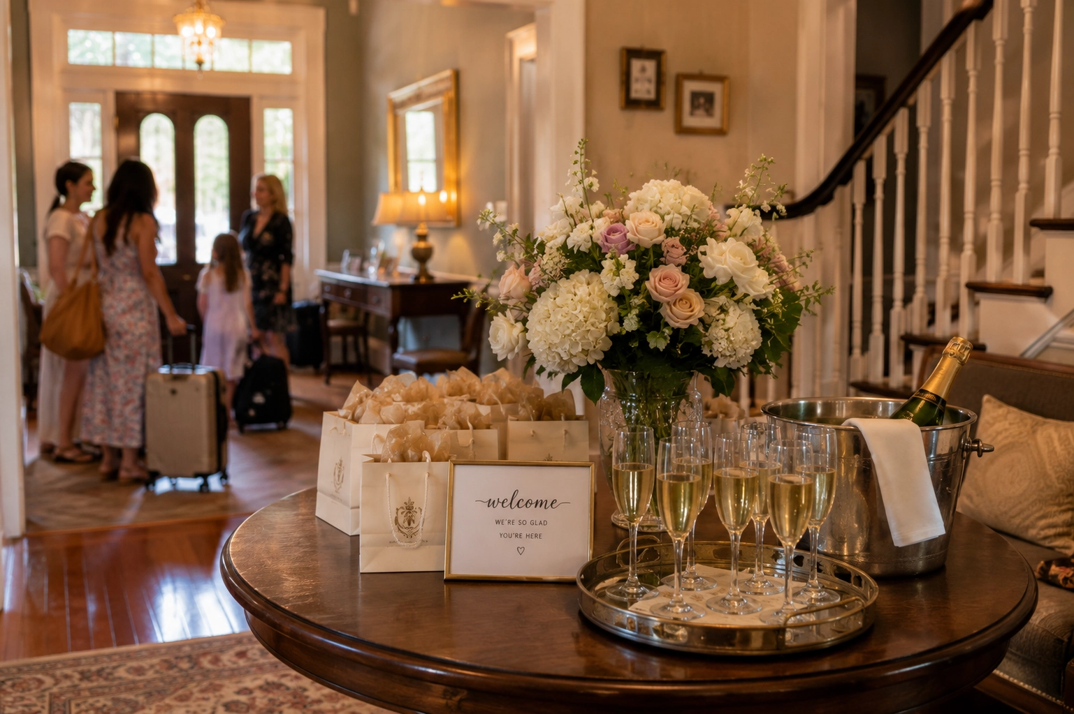 A warmly lit entryway features a table with a bouquet, champagne glasses, and welcome bags. In the background, people with luggage converse, creating a welcoming, celebratory atmosphere.