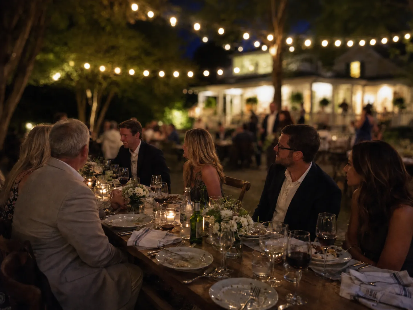 Guests dining outdoors beneath string lights during an evening wedding reception.