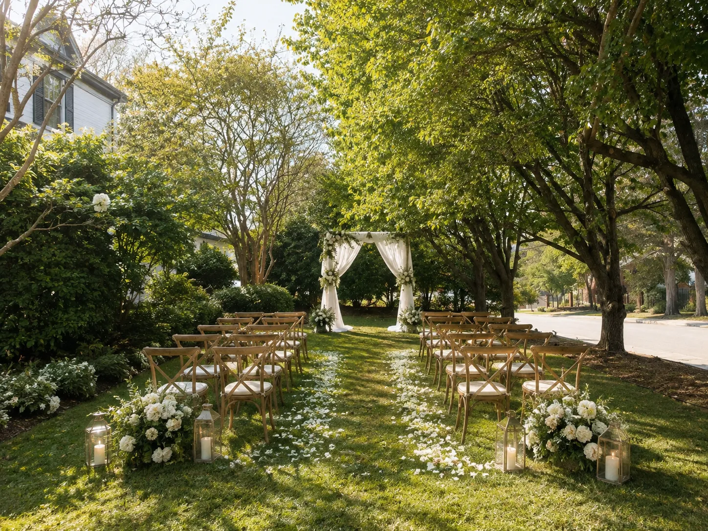 Outdoor wedding ceremony setup with wooden chairs, white flowers, lanterns, and a draped arch beneath mature trees.
