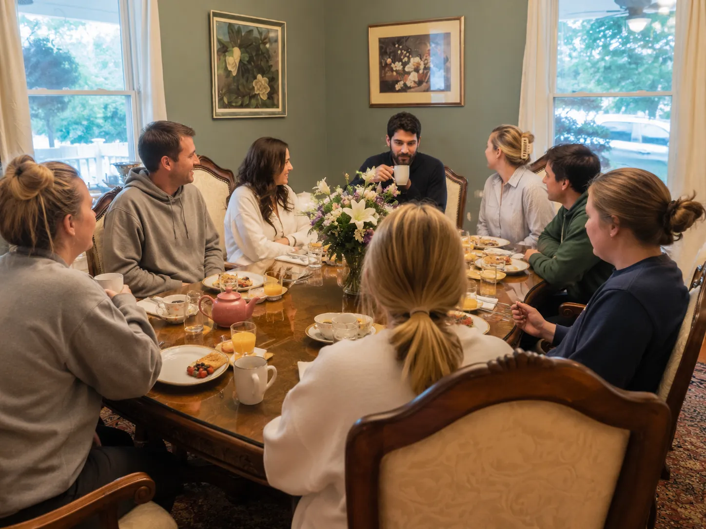Friends sharing breakfast and conversation at a farewell brunch in a historic dining room.