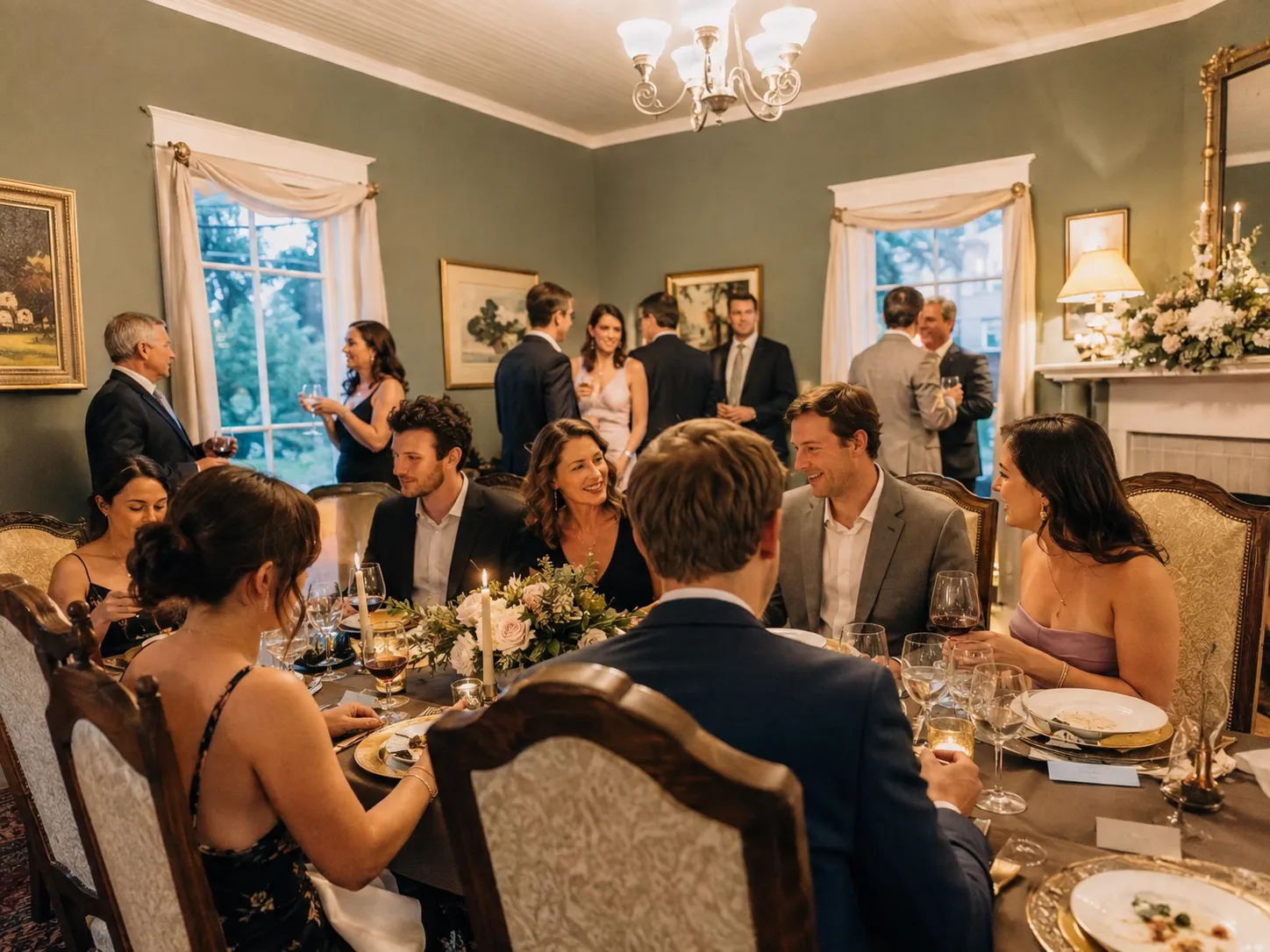 Wedding guests dining and mingling around a candlelit table during an indoor rehearsal dinner.