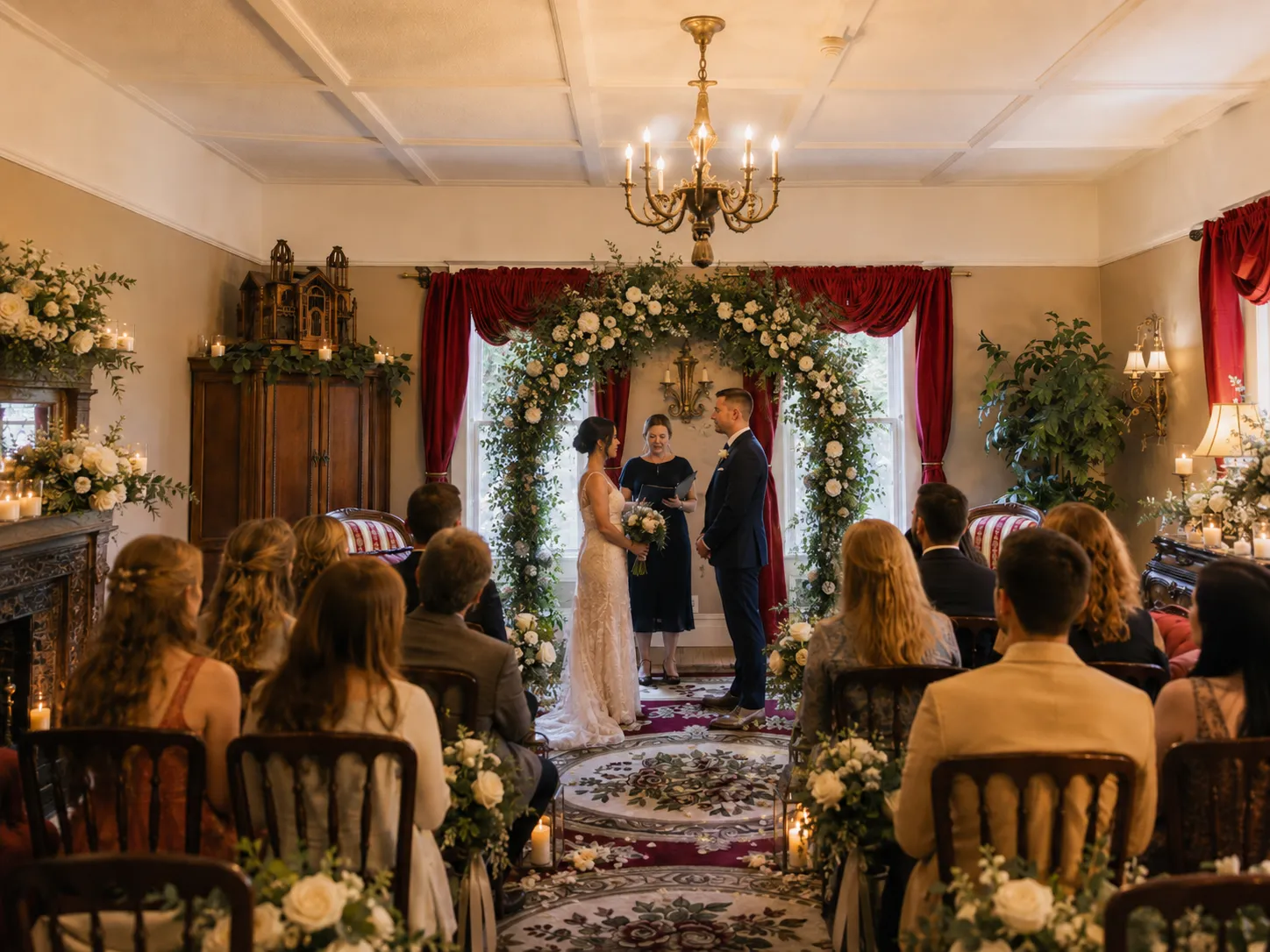 Bride and groom standing beneath a floral arch during an indoor wedding ceremony with seated guests.