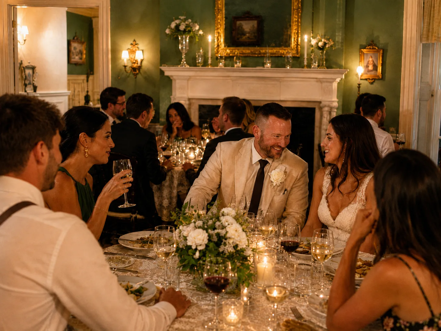 Bride and groom sharing dinner and conversation with guests during an intimate candlelit indoor wedding reception.