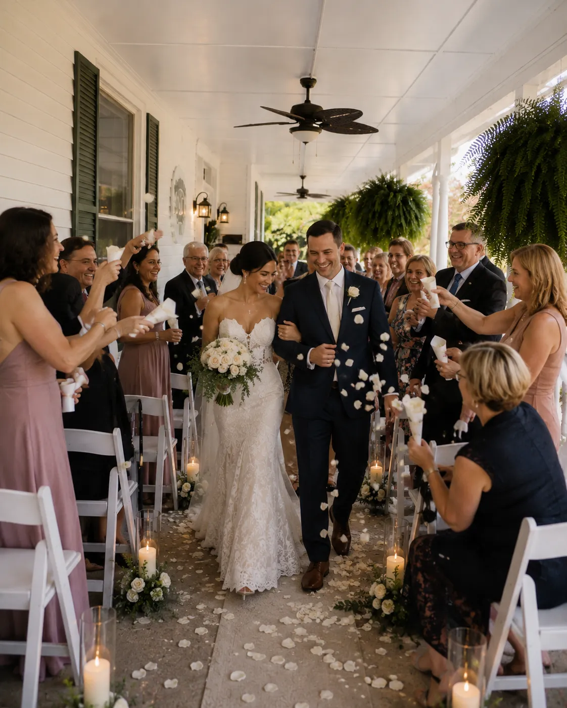 A couple stands in a white, flower-adorned gazebo exchanging vows, surrounded by trees and seated guests, in an outdoor wedding ceremony.