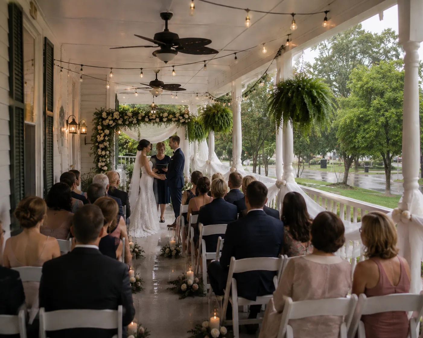 Bride and groom exchanging vows beneath a floral arch during a covered porch wedding ceremony.