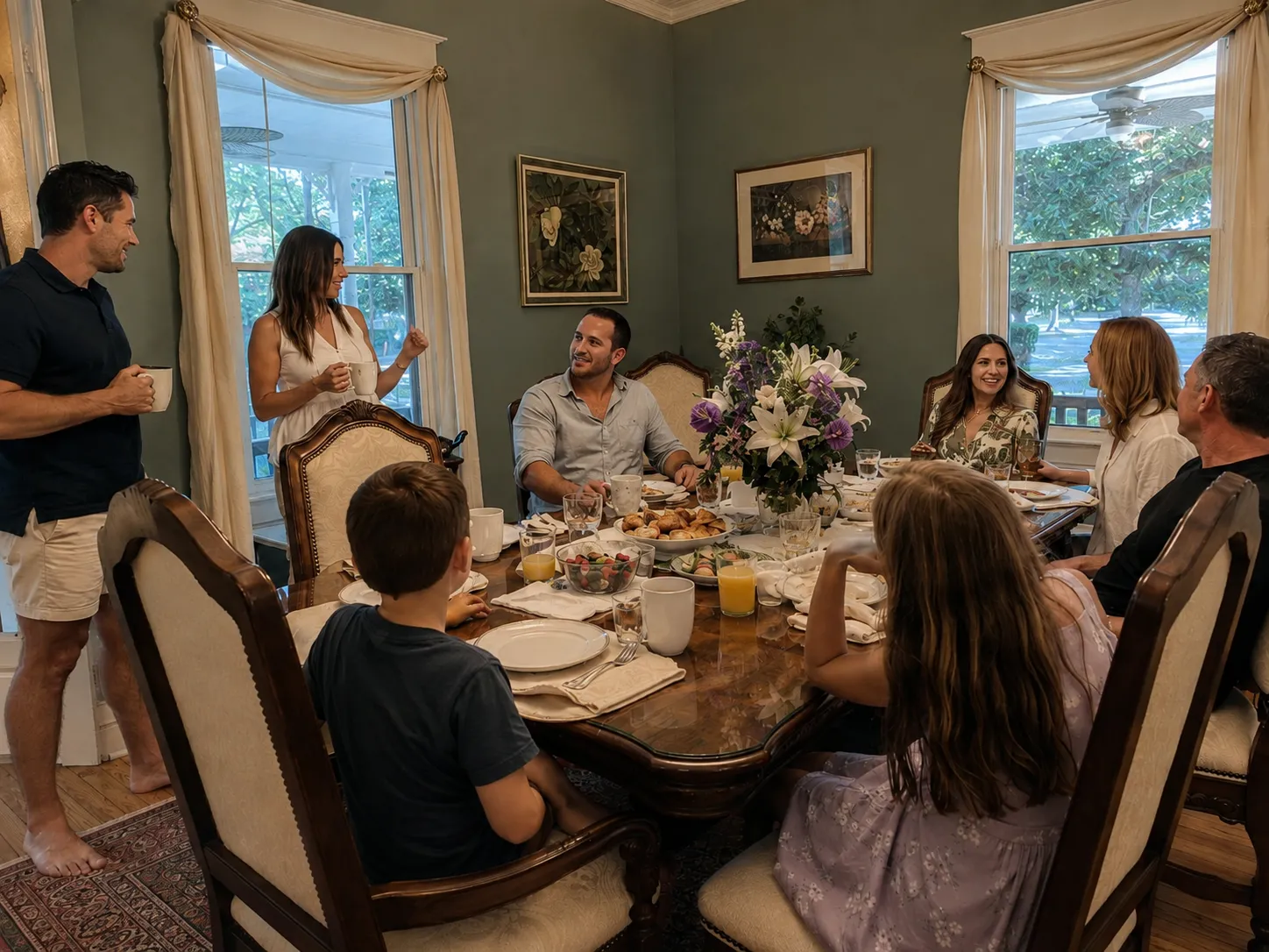 Family and friends sharing breakfast around a flower-filled table during a private estate stay.