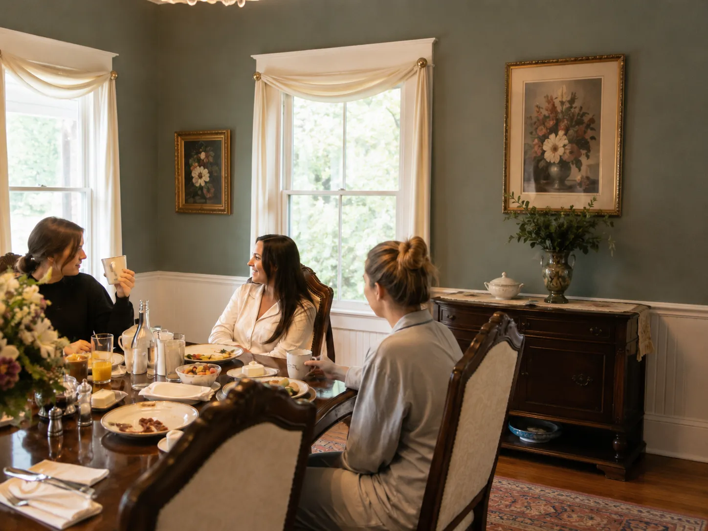 Friends enjoying a relaxed breakfast in robes during a private estate stay.