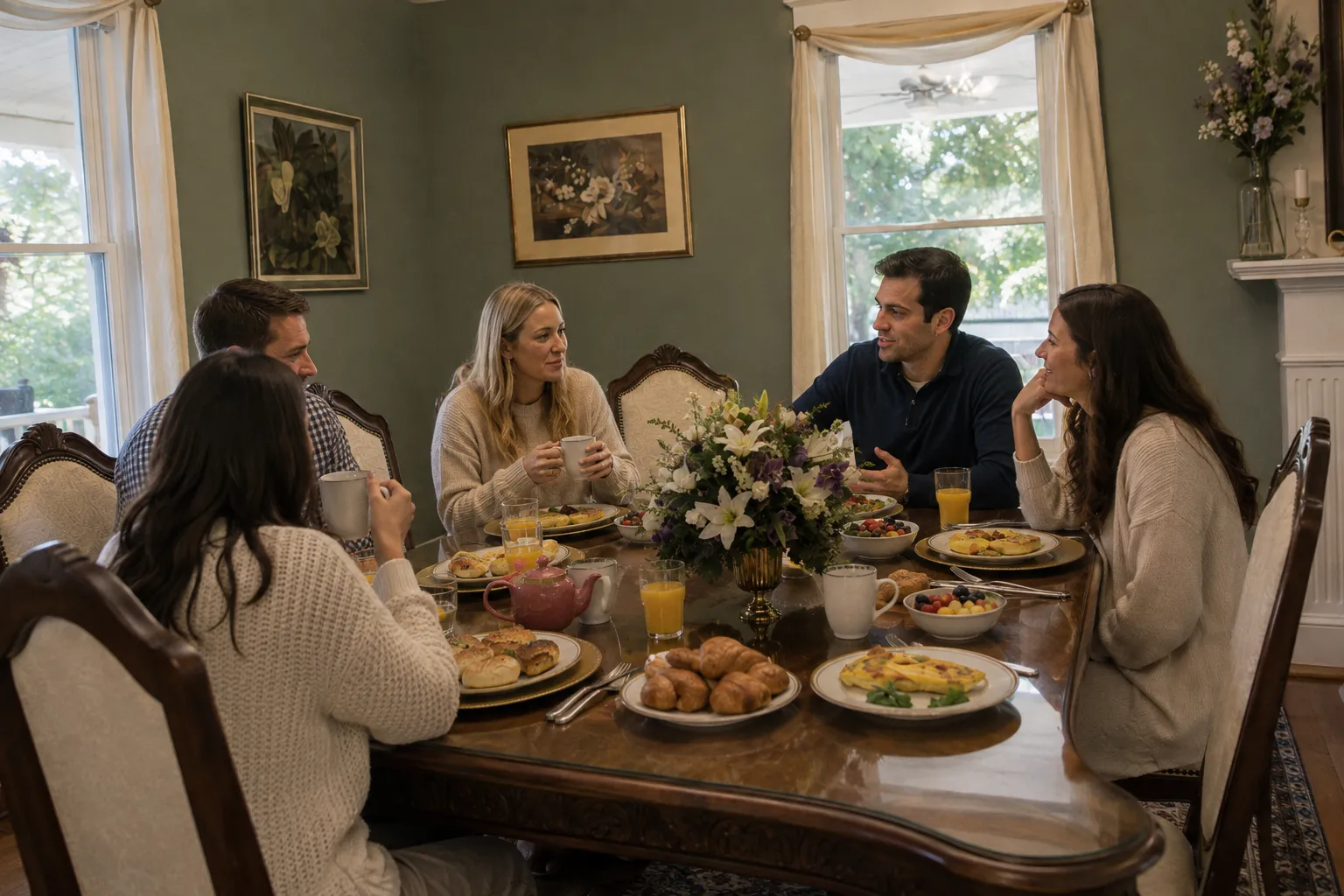 Wedding guests sharing breakfast and conversation around a dining table with pastries, fruit, coffee, and juice.