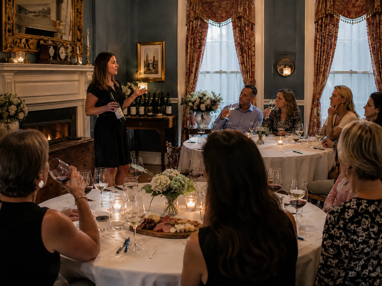 Wine educator presenting a bottle to guests during a candlelit tasting in a historic dining room.
