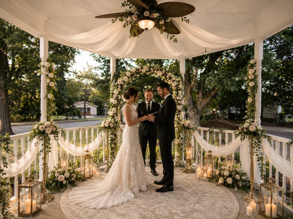 Bride and groom exchanging rings beneath a flower-covered gazebo during an outdoor wedding ceremony.
