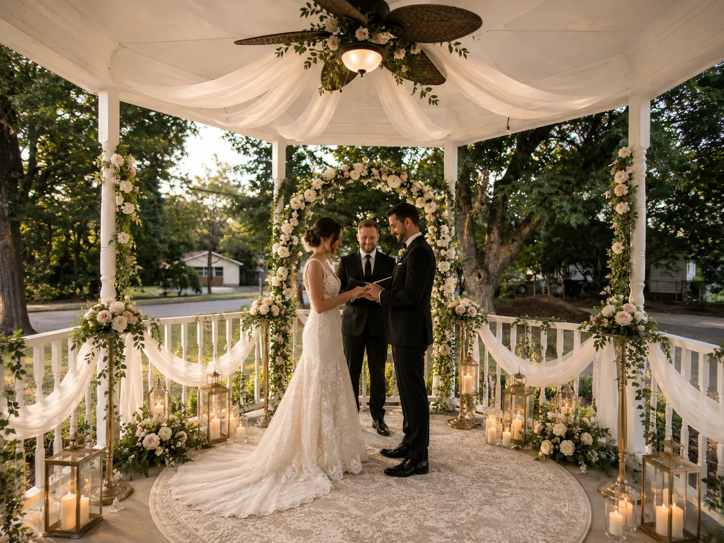 Bride and groom exchanging rings beneath a flower-covered gazebo during an outdoor wedding ceremony.