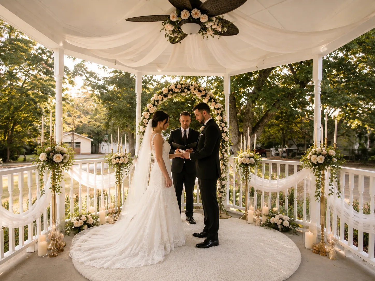 Bride and groom exchanging rings beneath a flower-covered gazebo with an officiant.