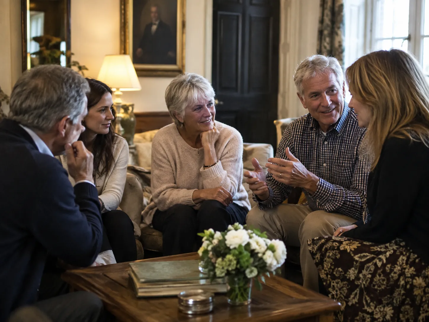 Multigenerational family reconnecting over coffee in a historic parlor.