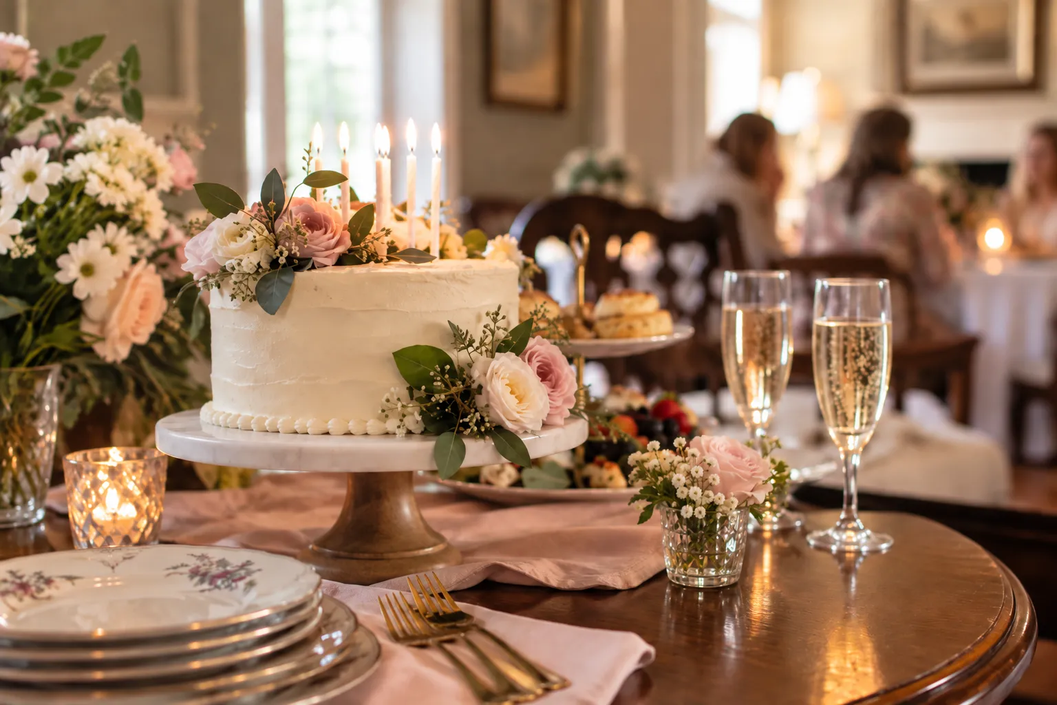 Birthday cake decorated with blush flowers and lit candles beside champagne and floral table arrangements.