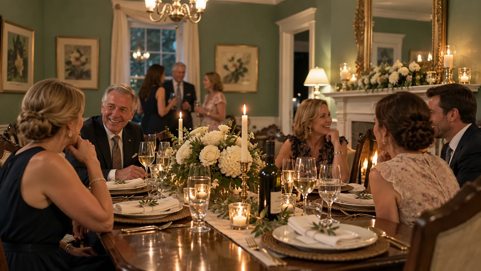 Wedding rehearsal dinner guests sharing conversation around a candlelit table at The Magnolia Inn.