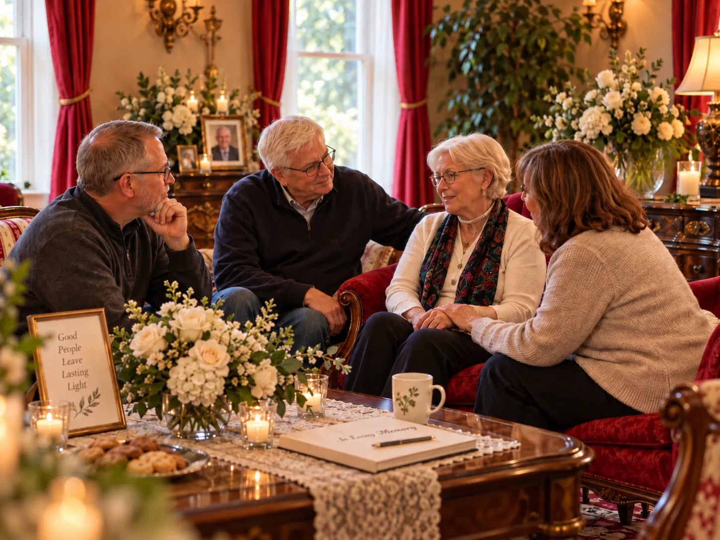 Guests sharing coffee and conversation in a sunlit Victorian parlor with red drapes.