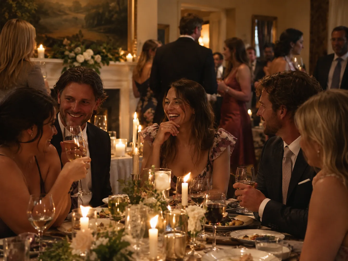 Wedding guests dining and mingling around a candlelit table during an indoor rehearsal dinner.